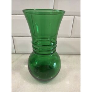 1950's Vintage Anchor Hocking Forest Green Glass 6" Vase Horizontal Rib Es051